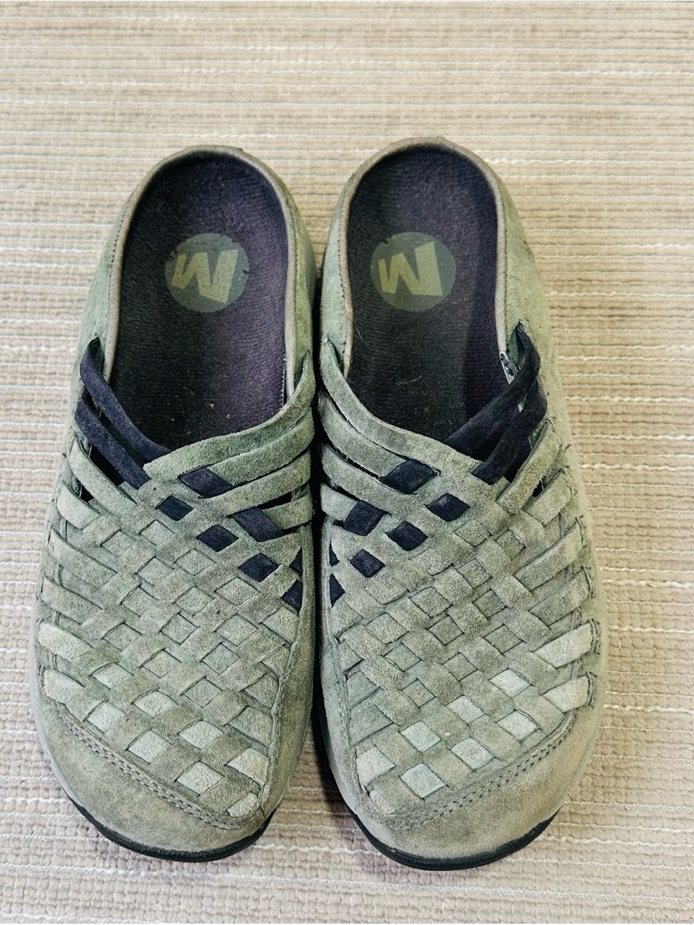 Merrell Woven Leather Slides Clogs Mule Womens 6 Grey Khaki Gorp Suede